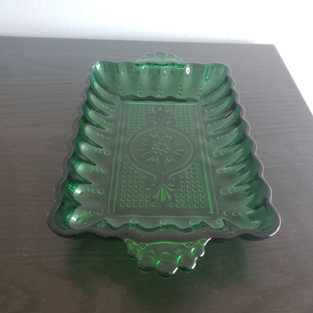 Vintage Anchor Hocking Forest Green Trinket Dish Relish Serving Tray Rectangle